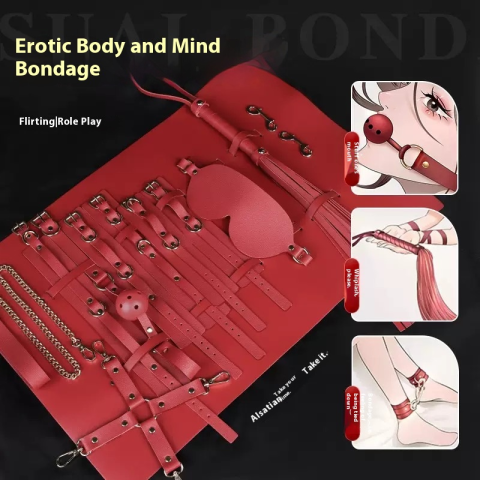 10-piece set of BDSM props for female slave training, leather belt storage bag