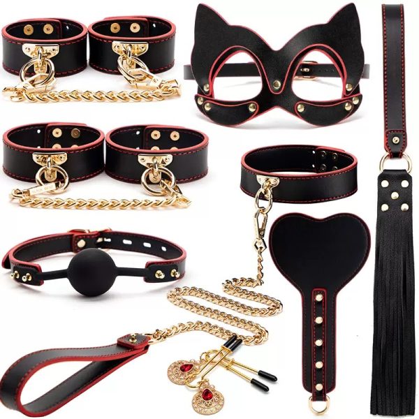 High - end SM props, 8 - piece genuine leather set with box, including bondage handcuffs, traction collars, punishment and training whips, adult products - Image 3