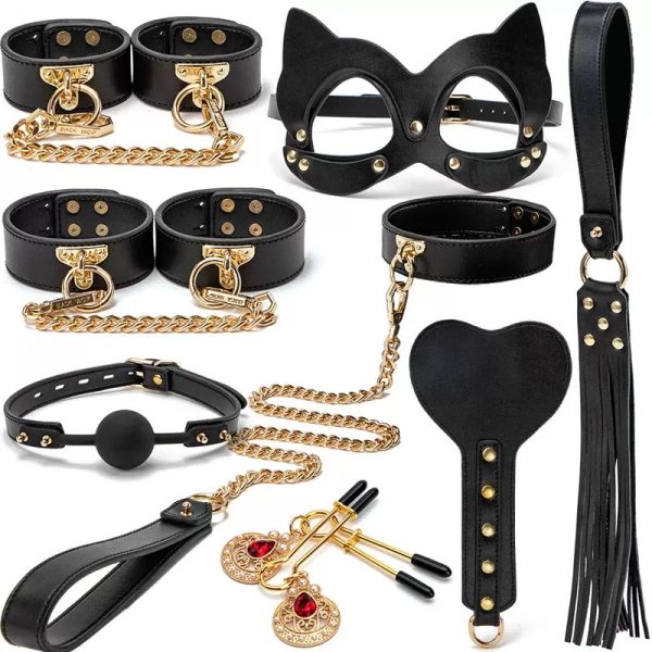 High - end SM props, 8 - piece genuine leather set with box, including bondage handcuffs, traction collars, punishment and training whips, adult products - Image 4